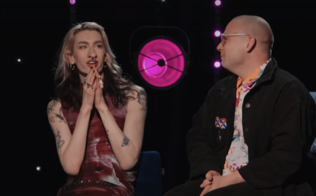 Ginger Johnson (R) with partner Ben (L) on RuPaul's Drag Race UK season five. (BBC)