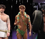 three images stitched together of male models wearing gay wool knitted outfits
