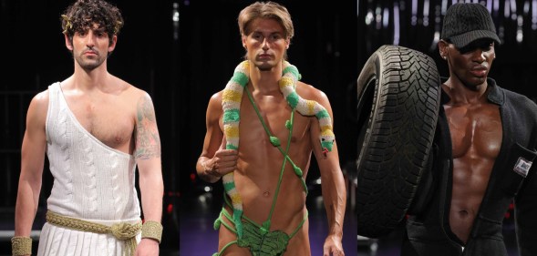 three images stitched together of male models wearing gay wool knitted outfits