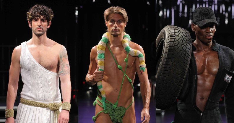 three images stitched together of male models wearing gay wool knitted outfits