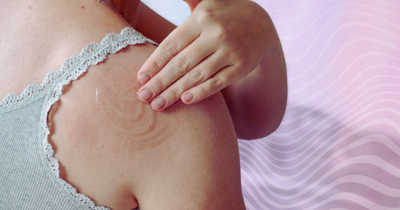 An individual applying HRT gel to their shoulder.