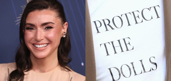 Bronwyn Newport in a nude coloured dress looking at the camers. A seperate image of a while t-shirt with text reading Protect the Dolls