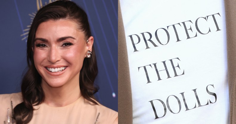 Bronwyn Newport in a nude coloured dress looking at the camers. A seperate image of a while t-shirt with text reading Protect the Dolls