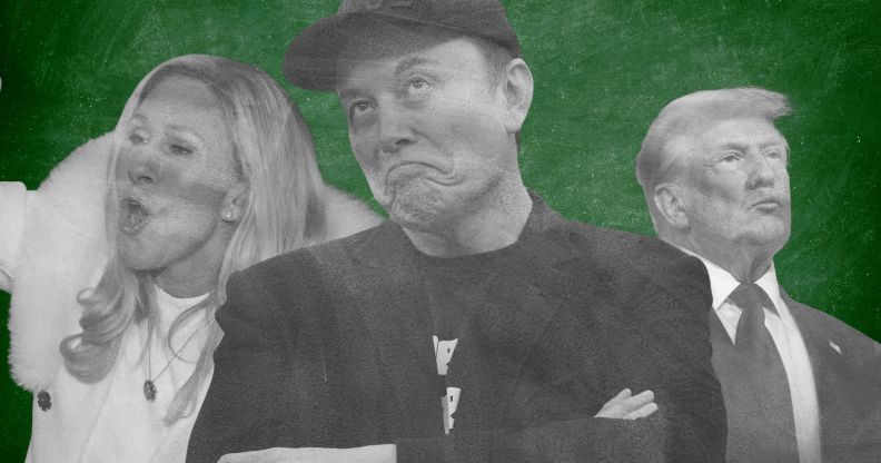 An edited picture of (L-R) Marjorie Taylor Greene, Elon Musk, and Donald Trump, on a chalkboard.