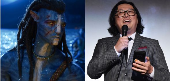 An image composite featuring Avatar (left) and Joseph Kahn speaking on stage (right).
