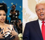 Side by Side images of Nicki minaj at the 2025 Met Gala and Trump on a podium in October 2025.