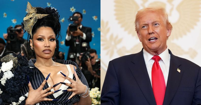 Side by Side images of Nicki minaj at the 2025 Met Gala and Trump on a podium in October 2025.