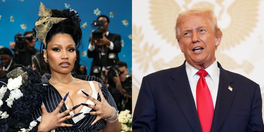 Side by Side images of Nicki minaj at the 2025 Met Gala and Trump on a podium in October 2025.