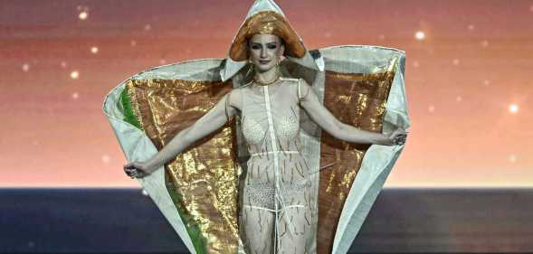 Miss Norway walks on stage during the 2025 Miss Universe national costume presentation in Nonthaburi province, north of Bangkok
