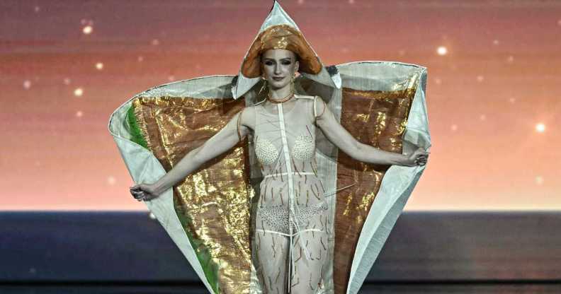 Miss Norway walks on stage during the 2025 Miss Universe national costume presentation in Nonthaburi province, north of Bangkok