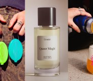 Vulva Keyring Coin Purses, a perfume bottle and a beer peing poured into a glass