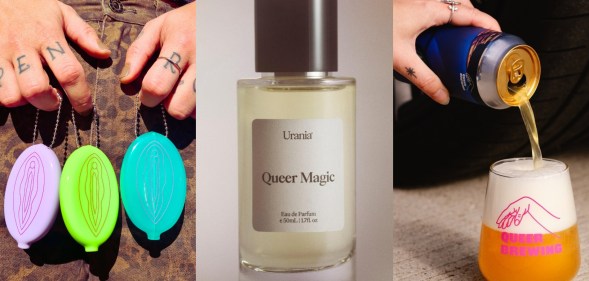 Vulva Keyring Coin Purses, a perfume bottle and a beer peing poured into a glass