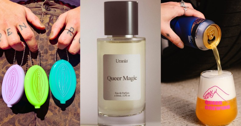 Vulva Keyring Coin Purses, a perfume bottle and a beer peing poured into a glass