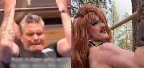 A split image of Pete Hegseth struggling to do a pull-up, next to Pattie Gonia casually doing a pull-up.