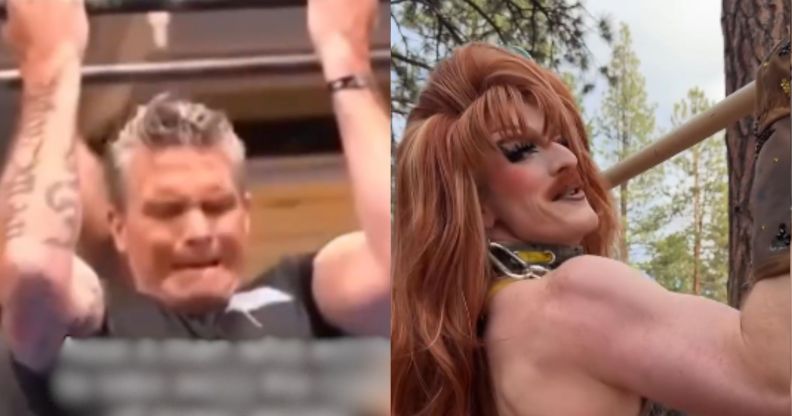 A split image of Pete Hegseth struggling to do a pull-up, next to Pattie Gonia casually doing a pull-up.