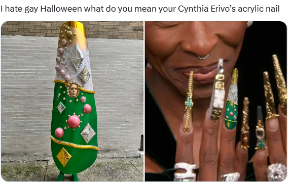 Costume designer wins 'Gay Halloween' by dressing as Cynthia Erivo's acrylic nail