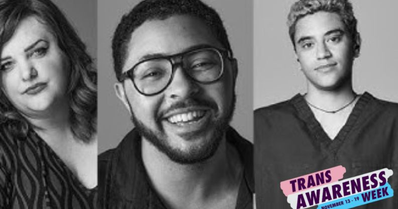 Three monochrome portraits of trans people.