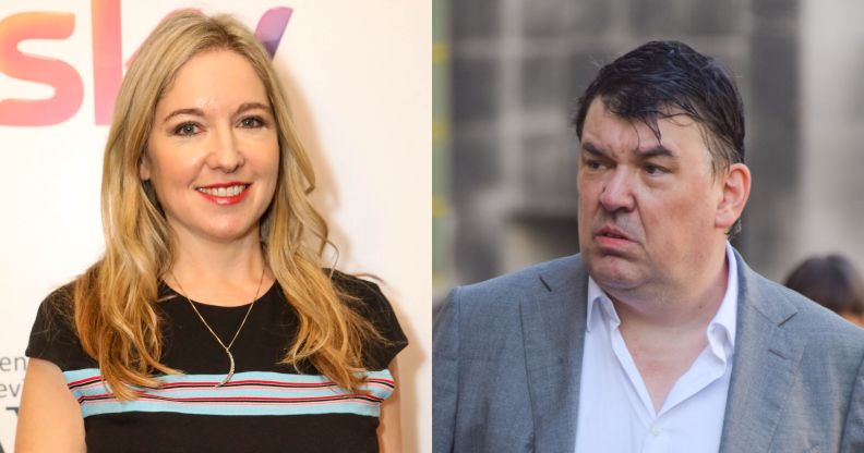 On the left, Victoria Coren Mitchell in 2018. On the right, Graham Linehan in 2025.