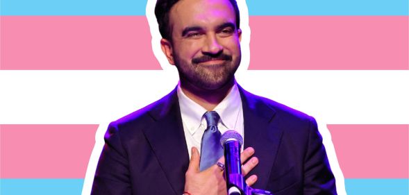 A photoshopped image of Zohran Mamdani over a trans flag.