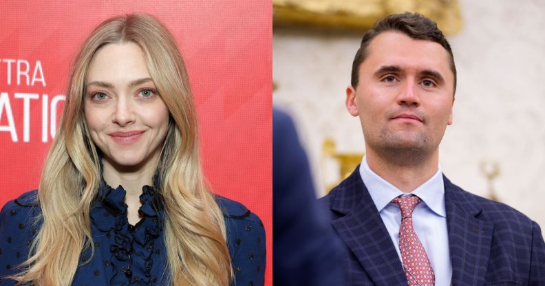 Amanda Seyfriend attends the SAG-AFTRA Foundation Conversations: Amanda Seyfried Career Retrospective (left) and Charlie Kirk stands in the back of the room as U.S. President Donald Trump speaks during a swearing in ceremony for interim U.S. Attorney for Washington, D.C. Jeanine Pirro in the Oval Office of the White House on May 28, 2025 (left).