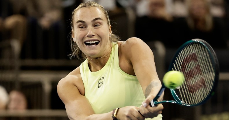 NEW YORK, NEW YORK - DECEMBER 08: Aryna Sabalenka in action against Naomi Osaka of Japan during the Garden Cup at Madison Square Garden on December 08, 2025 in New York City. (Photo by Adam Hunger/Getty Images)