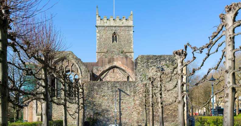 Ruins of St Peter's church bombed 1940 in Castle Park, city center of Bristol, England, UK.