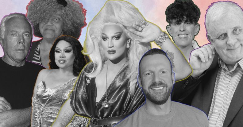 A black and white collage featuring Giorgio Armani, Miss Major Griffin-Gracy, Jiggly Caliente, The Vivienne, Tim Kruger, Andrea Gibson and Edmund White.