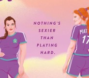 Cleat Cute book cover, two women in purple football kit. "Nothing's sexier than playing hard" the tagline text in the middle of them.
