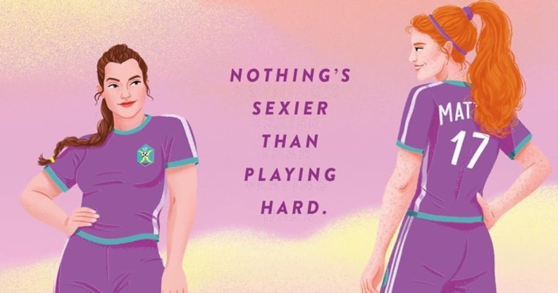 Cleat Cute book cover, two women in purple football kit. "Nothing's sexier than playing hard" the tagline text in the middle of them.