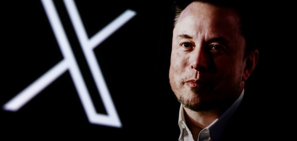 A portrait picture of Elon Musk photographed in Krakow, Poland on January 22nd, 2024 and X, former Twitter, logo are screened for illustration photo in Krakow, Poland on October 25, 2024. (Photo by Beata Zawrzel/NurPhoto)