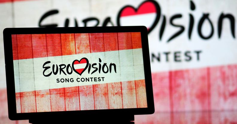 In this photo illustration, the Eurovision Song Contest 2026 in Austria logo is seen displayed on a tablet.