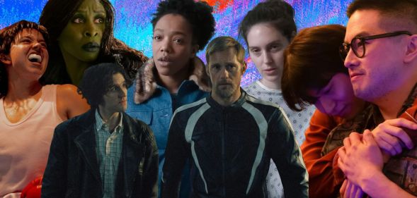 A collage featuring stills from Christy, Wicked: For Good, Pillion, Sorry Baby and The Wedding Banquet.