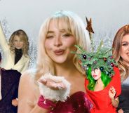 Elvis Presley, Taylor Swift, Sabrina Carpenter, Lady Gaga and Kelly Clarkson against a snowy background.