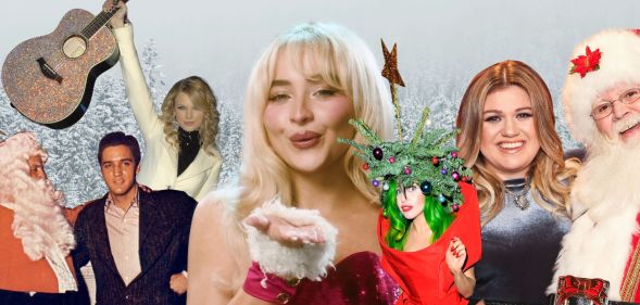 Elvis Presley, Taylor Swift, Sabrina Carpenter, Lady Gaga and Kelly Clarkson against a snowy background.