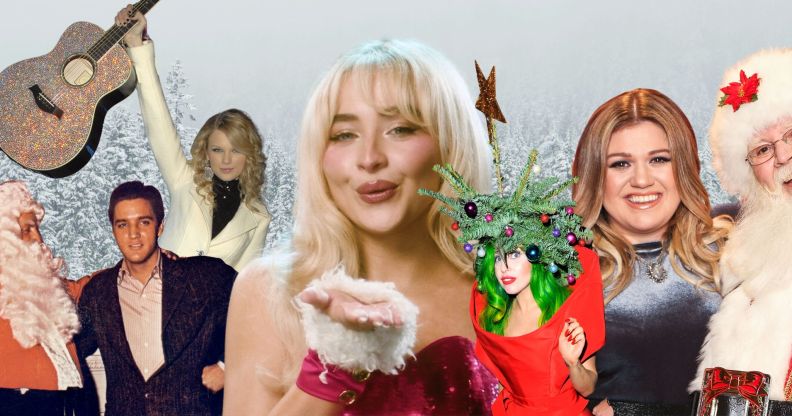 Elvis Presley, Taylor Swift, Sabrina Carpenter, Lady Gaga and Kelly Clarkson against a snowy background.