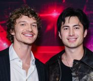Connor Storrie and Hudson Williams attend the premiere of "Heated Rivalry" at TIFF Lightbox on November 24, 2025 in Toronto, Ontario.
