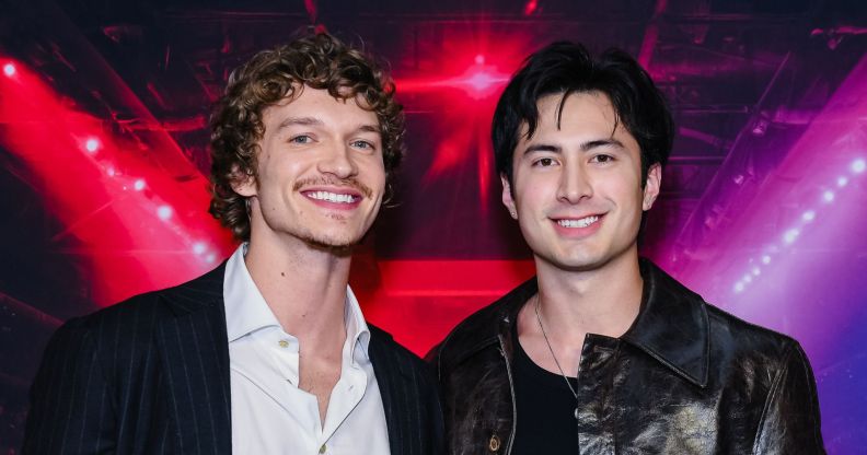 Connor Storrie and Hudson Williams attend the premiere of "Heated Rivalry" at TIFF Lightbox on November 24, 2025 in Toronto, Ontario.