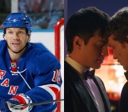 Former hockey pro Sean Avery and a still from Heated RIvalry with two men's foreheads resting together