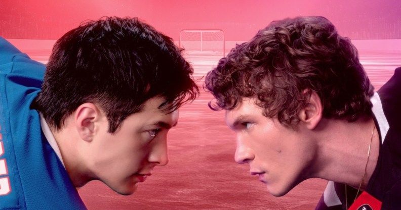 Heated Rivalry Hudson Williams as Shane Hollander and Connor Storrie as Ilya Rozanov facing off on the ice.