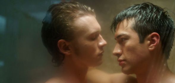 Connor Storrie and Hudson Williams embrace in a shower in Heated Rivalry.