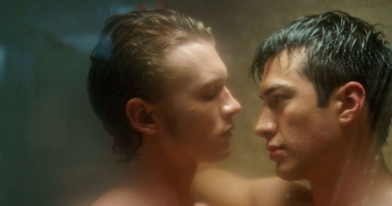 Connor Storrie and Hudson Williams embrace in a shower in Heated Rivalry.