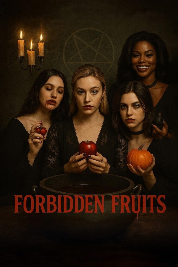 Forbidden Fruits still with four women in front of a pentagram