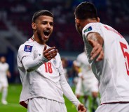 DOHA, QATAR - JANUARY 19: M. Ghayedi #18 of Iran celebrates scoring his team's first goal during the AFC Asian Cup Qatar 2023 second round Group C match between Hong Kong and Iran at Khalifa International Stadium on January 19, 2024 in Doha, Qatar. (Photo by Gao Meng/VCG via Getty Images)