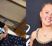 On the left, a selfie taken by JoJo Siwa in a hospital bed looking concerned. On the right, JoJo Siwa smiles while wearing a black strap dress.