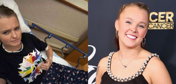 On the left, a selfie taken by JoJo Siwa in a hospital bed looking concerned. On the right, JoJo Siwa smiles while wearing a black strap dress.