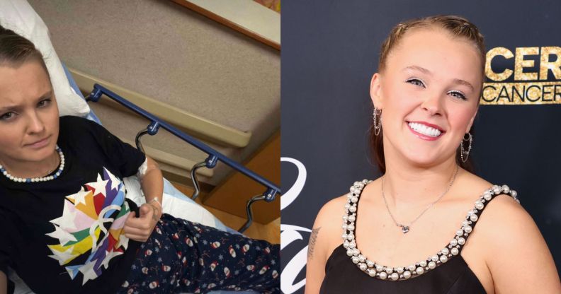 On the left, a selfie taken by JoJo Siwa in a hospital bed looking concerned. On the right, JoJo Siwa smiles while wearing a black strap dress.