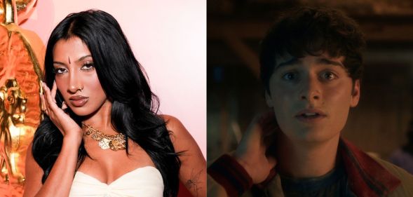 On the left, Lara Raj in a white dress in october 2025 on a red carpet. On the right, Noah Schnapp as Will Byers in Stranger Things season five.