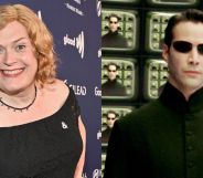 On the left, Lilly Wachowskie smiling on a red carpet. On the right, Keanue Reeves in The Matrix.