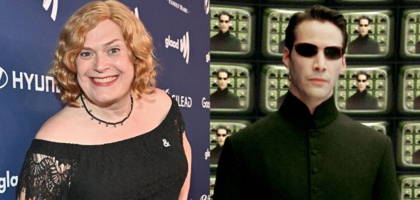 On the left, Lilly Wachowskie smiling on a red carpet. On the right, Keanue Reeves in The Matrix.