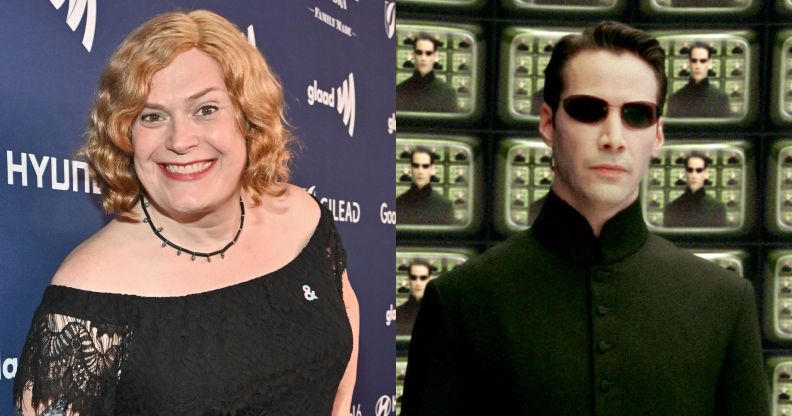 On the left, Lilly Wachowskie smiling on a red carpet. On the right, Keanue Reeves in The Matrix.